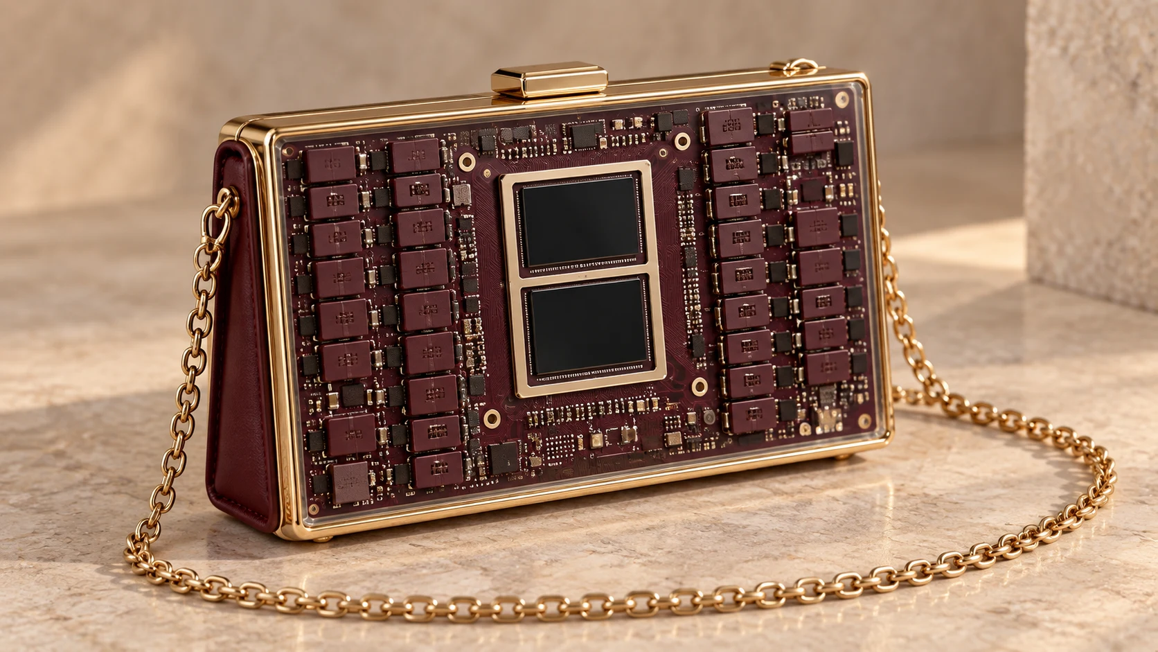 Concept render of an oxblood circuit-board clutch, with black chip faces, a champagne-gold frame and chain, and leather sides.